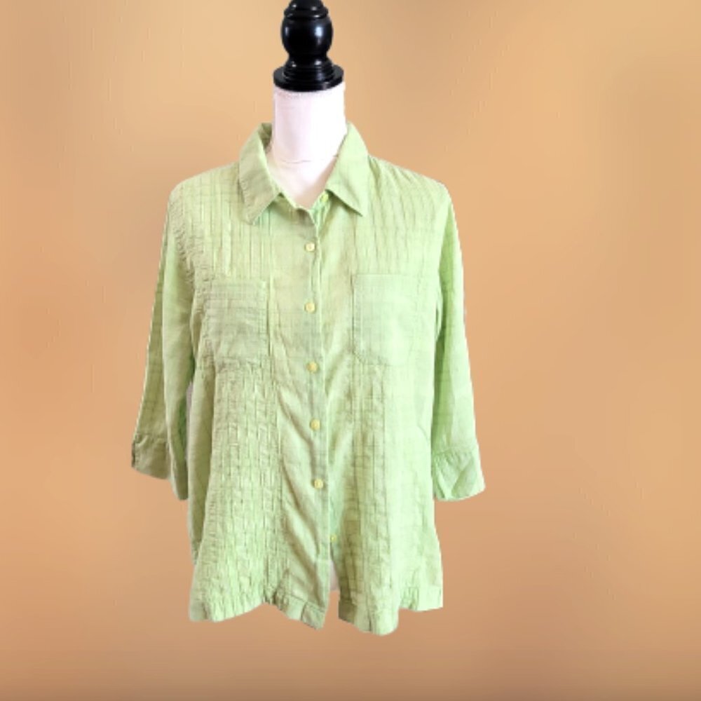 Christopher &‎ Banks Lime Green Button Down Casual Blouse 3/4 Sleeve in Size M